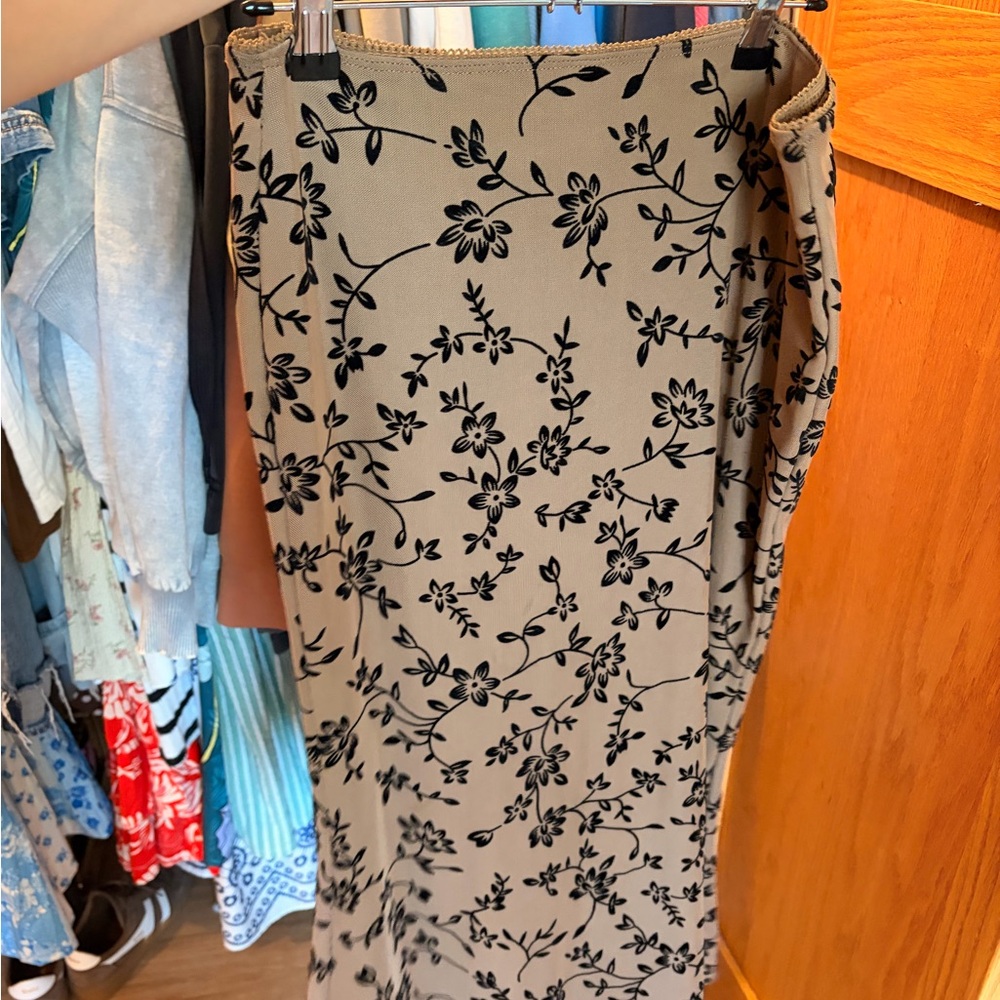 Beige Floral Midi Skirt with Black Print